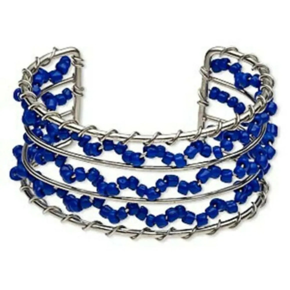 Silver Metal and Cobalt Blue Glass Beads Wire Wrapped 32mm Wide Cuff Bracelet - Picture 1 of 1